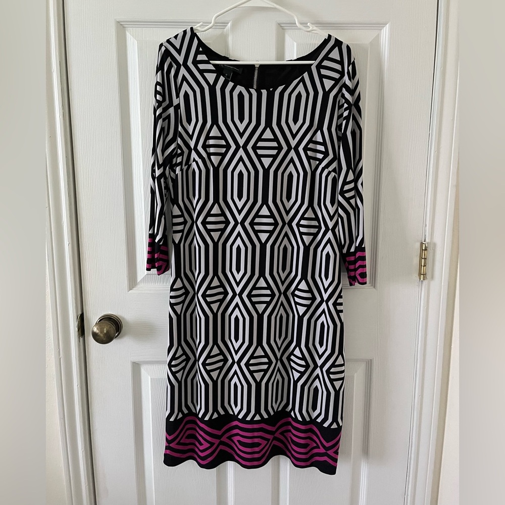 INC Black & White Geometric Shift Dress with Pink Accent